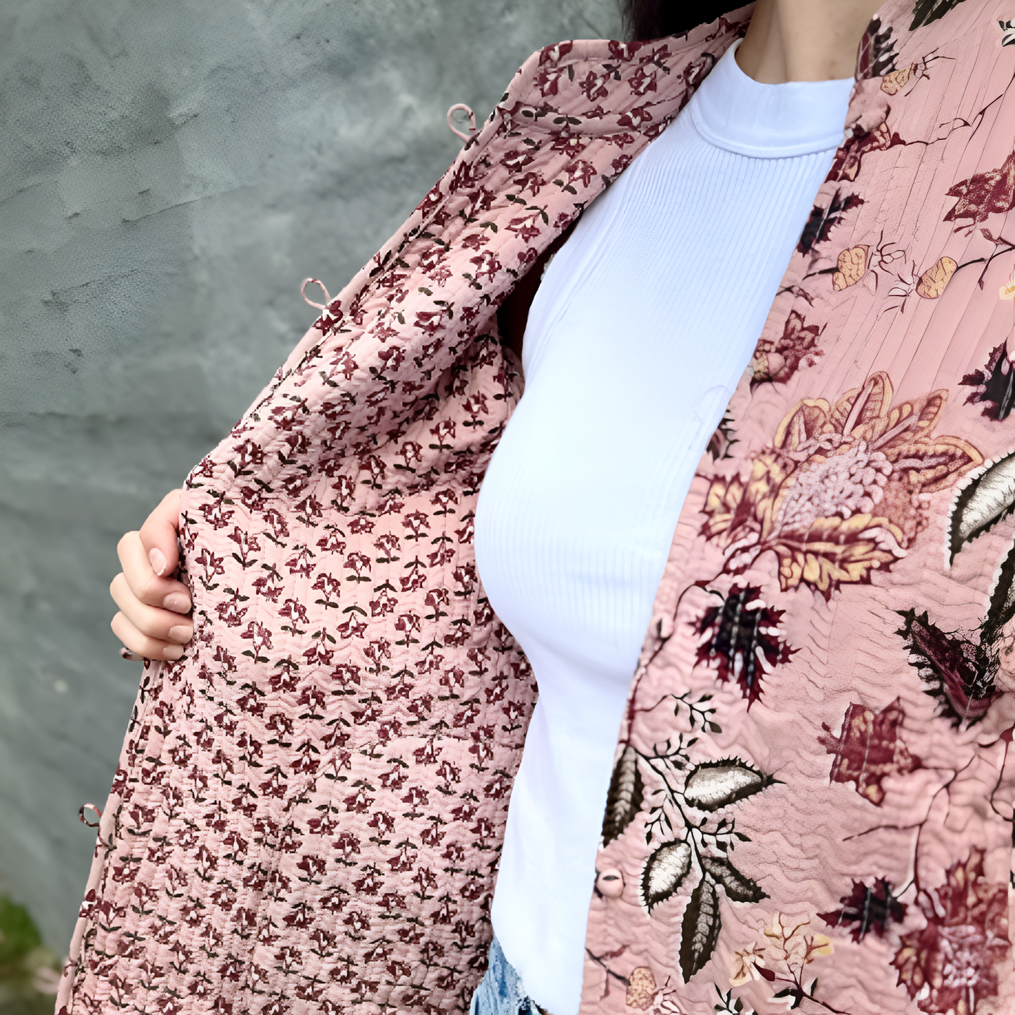 Long Quilted Coat Dusty Mauve Botanical