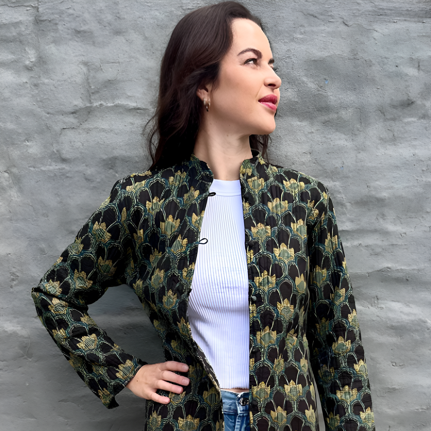 Long Quilted Coat Ebony & Teal Fan