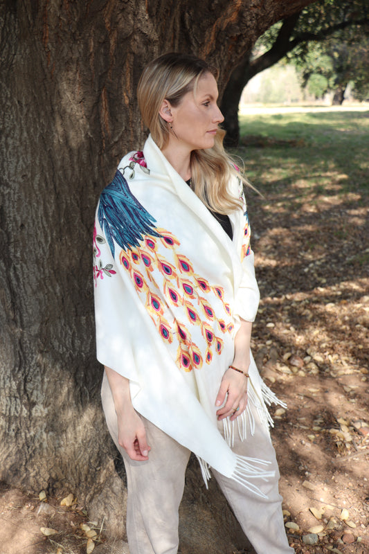 Cashmere Pashmina in Cream Peacock