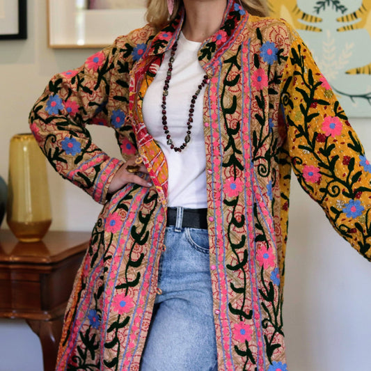 Embroidered Kantha Jacket In Blush & Sky Daisy - Handmade Jewellery - i am boho