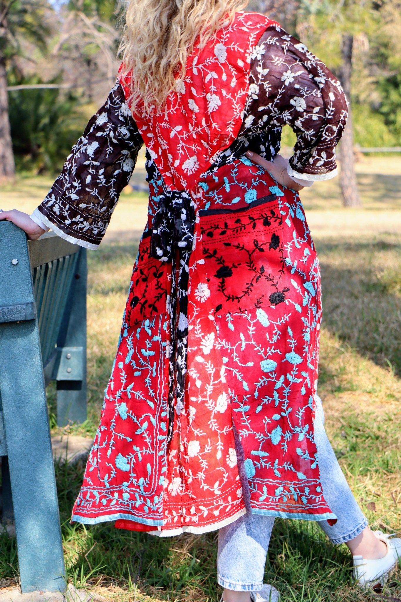 Phulkari Kimono in Teal & Crimson- Handmade Jewellery - i am boho