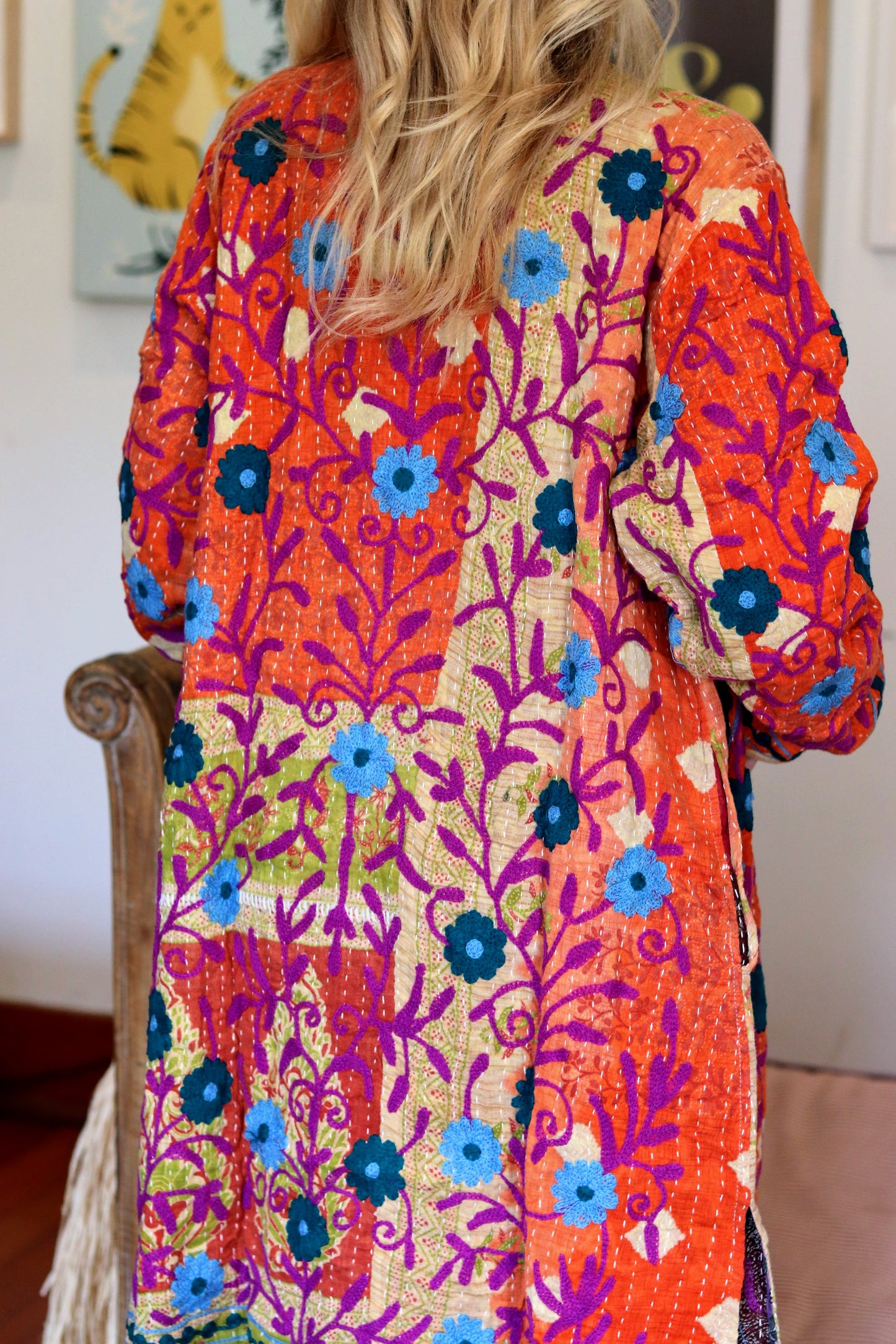 Embroidered Kantha Jacket In Magenta Bloom