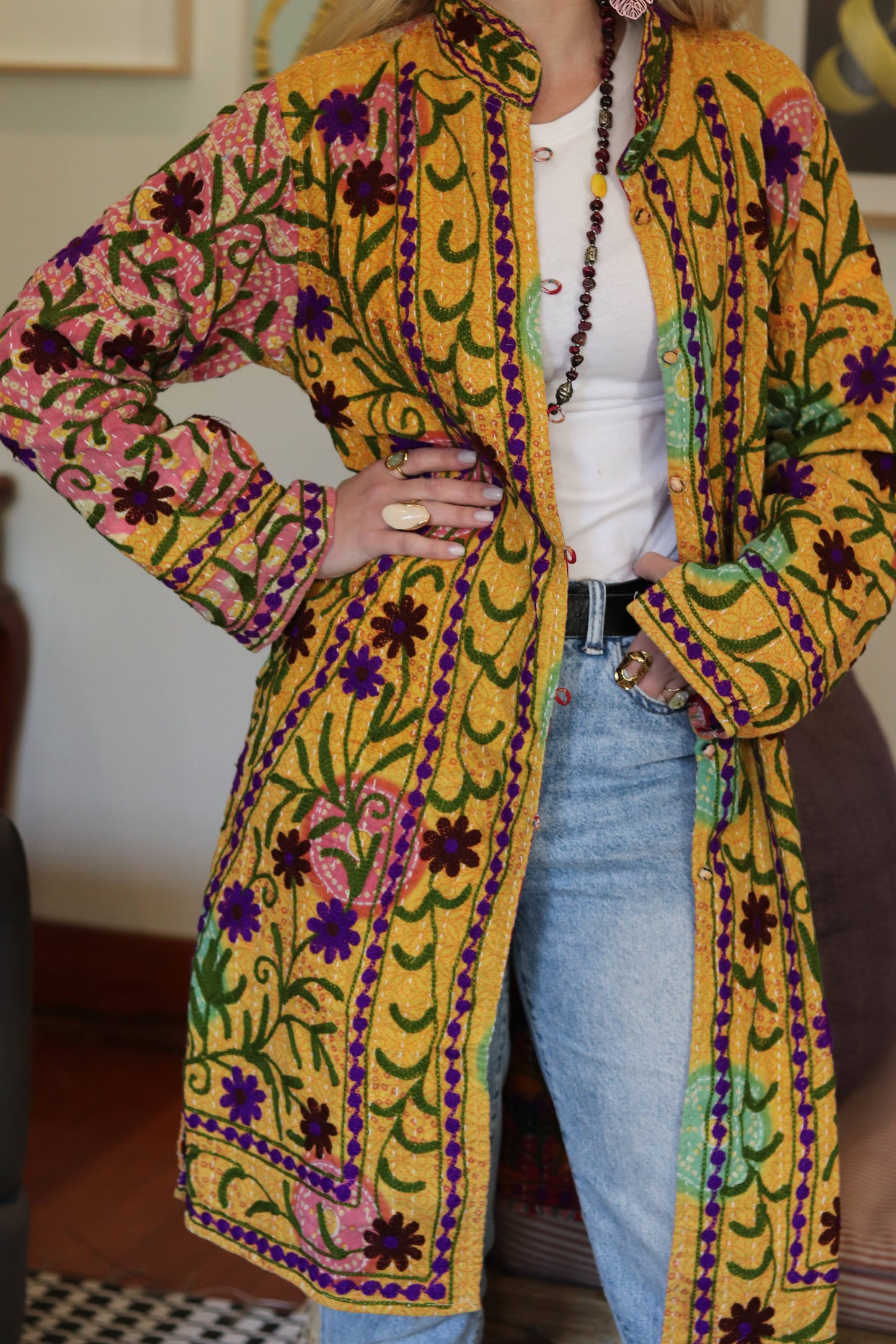 Embroidered Kantha Jacket In Sunshine & Purple