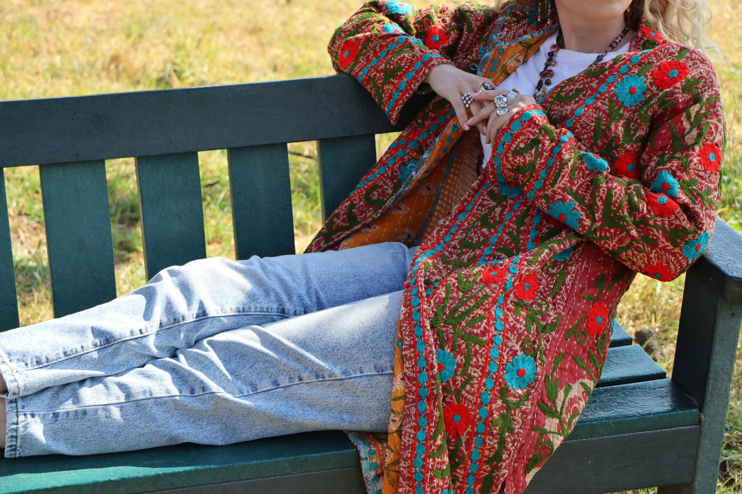 Embroidered Kantha Jacket In Teal & Olive- Handmade Jewellery - i am boho