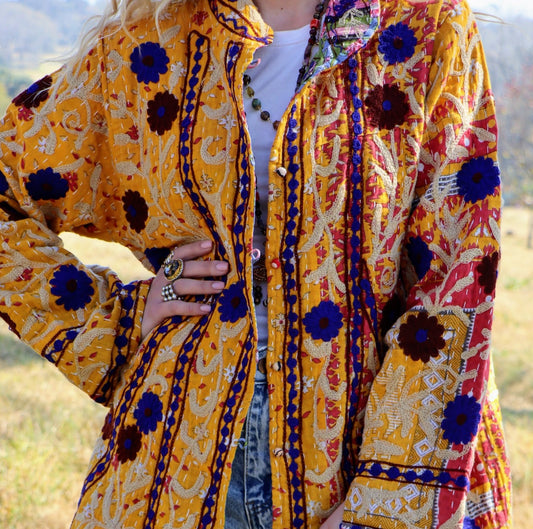 Embroidered Kantha Jacket In Mustard & Cobalt Bloom- Handmade Jewellery - i am boho