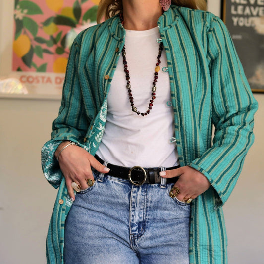 Reversible Quilted Coat in Turquoise Botanical - Handmade Jewellery - i am boho