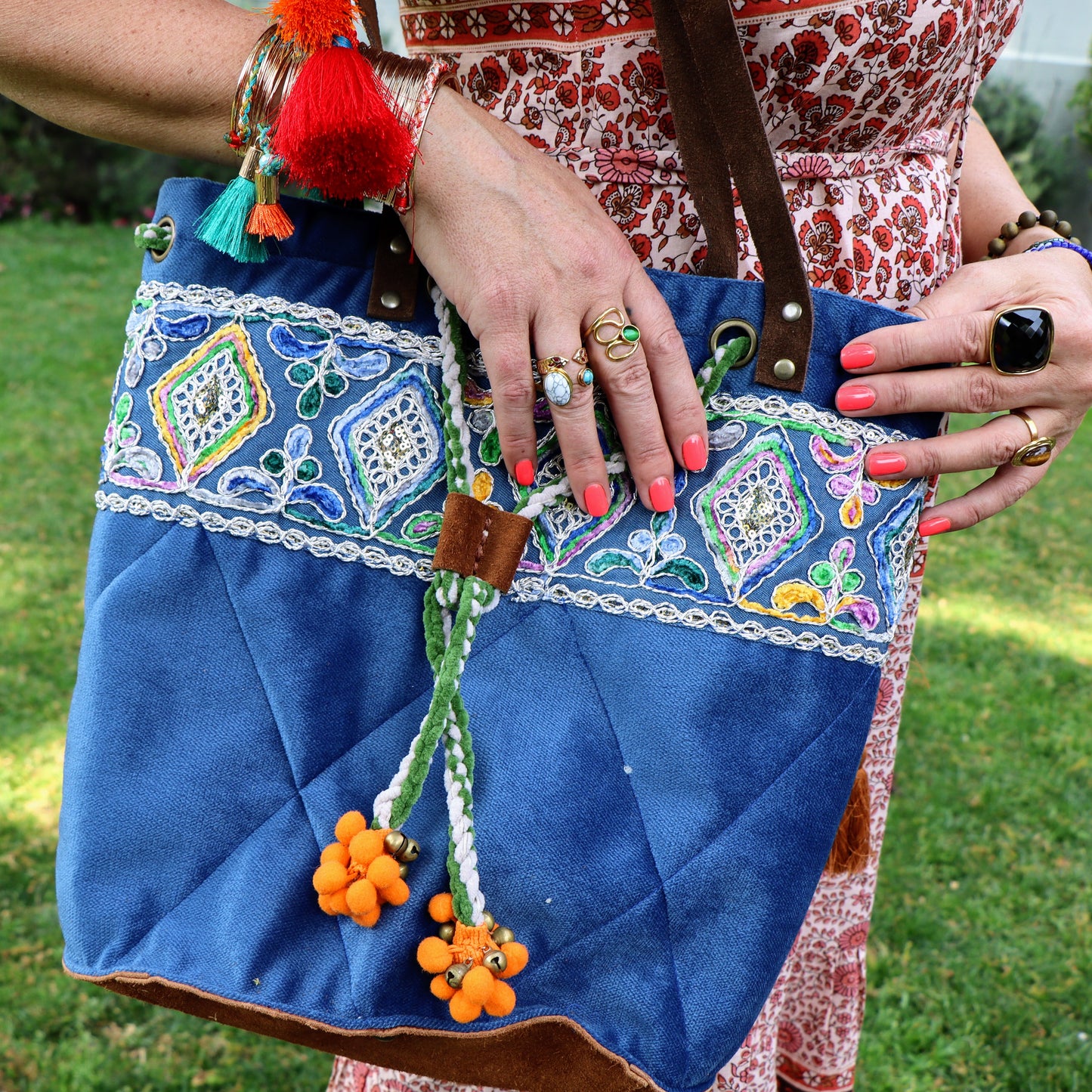 Tangerine pompom quilted bag