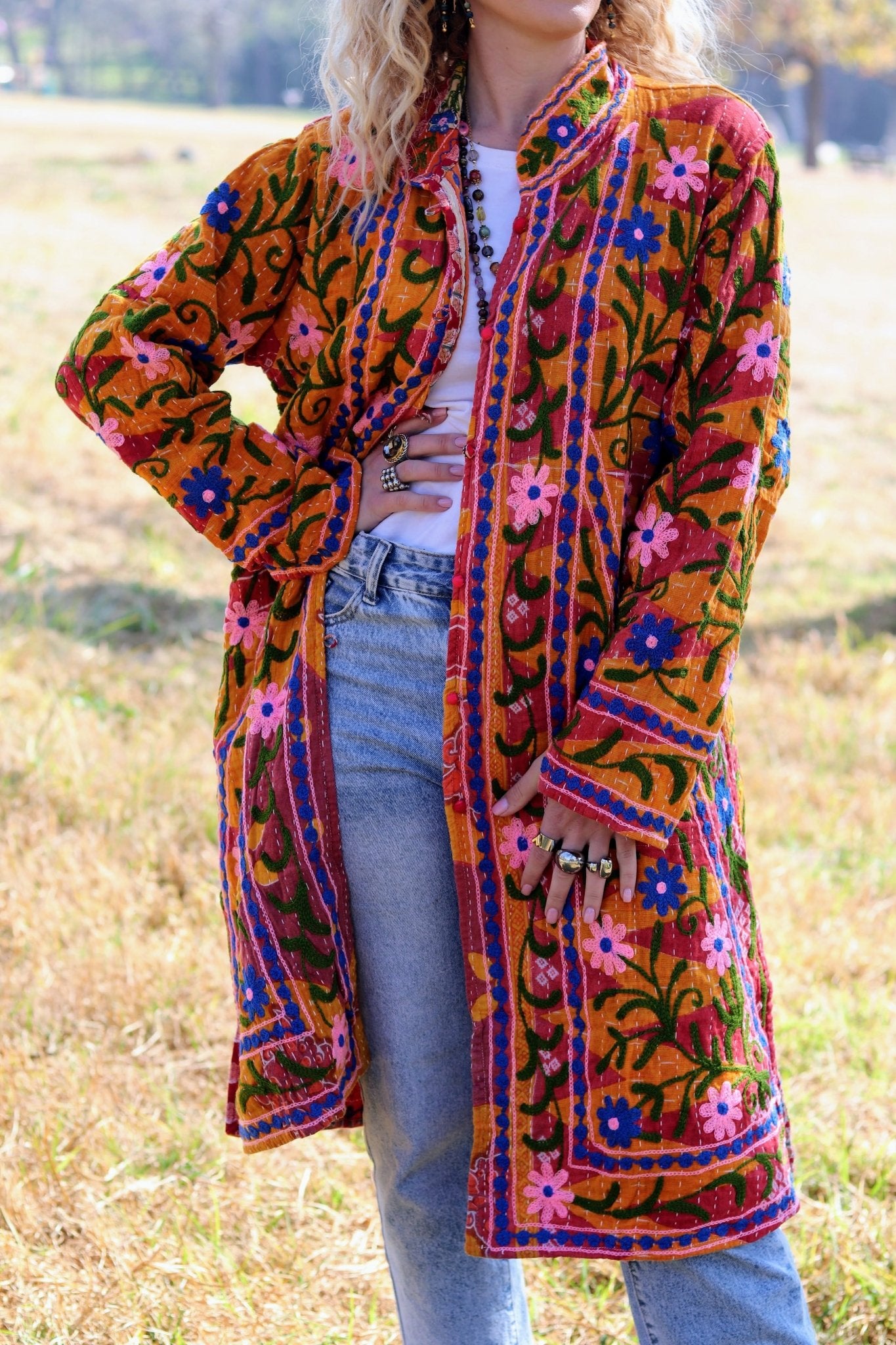 Embroidered Kantha Jacket In Autumn Daisy- Handmade Jewellery - i am boho