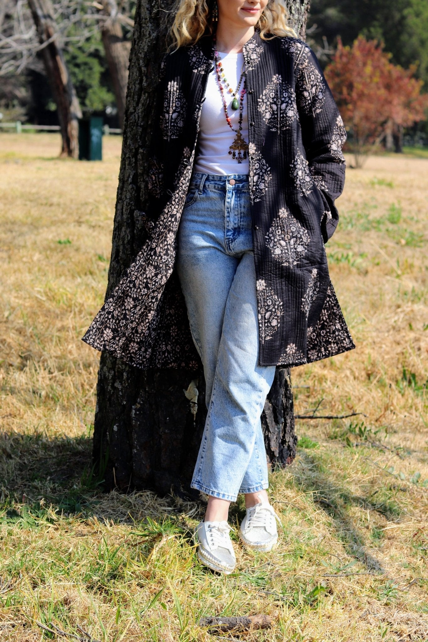 Reversible Quilted Coat in Ebony posy- Handmade Jewellery - i am boho