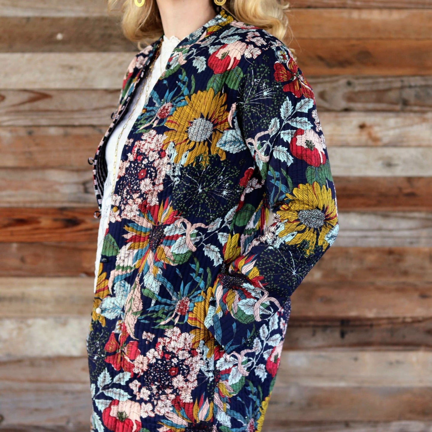 Reversible Quilted Coat in Navy Botanical- Handmade Jewellery - i am boho