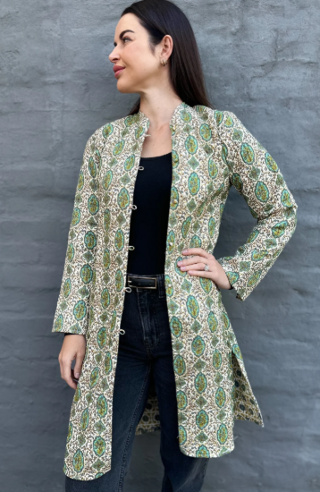 Long Quilted Coat in Vintage Turquoise