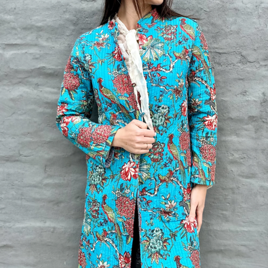 Quilted Cotton Coat In Sky Botanical