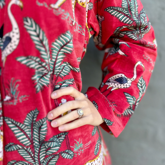 Velvet Kimono In Crimson Jungle