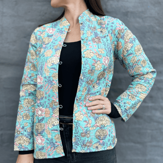 Reversible Quilted Jacket in Turquoise Floral - Handmade Jewellery - i am boho