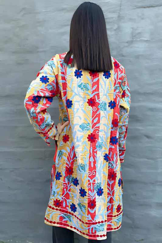 Embroidered kantha in Sapphire & Ruby Daisy