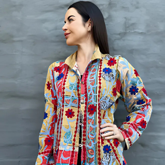 Embroidered kantha in Sapphire & Ruby Daisy