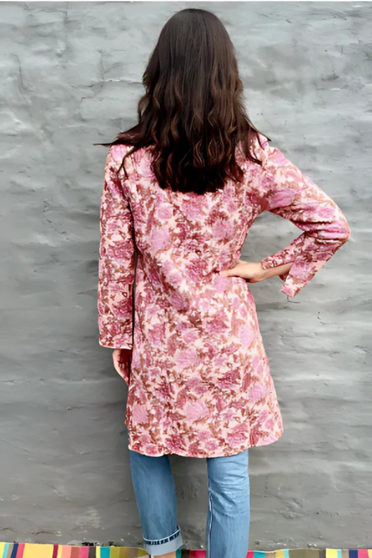 Long Quilted Jacket in Pink Botanical