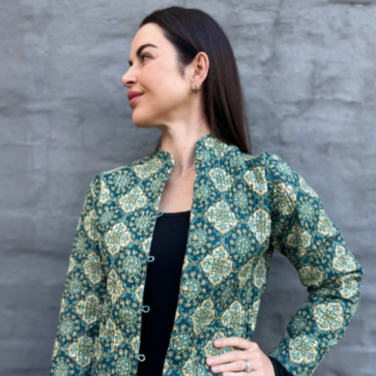 Long Quilted Jacket in Vintage Teal