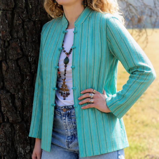 Reversible Jacket in Turquoise Botanical- Handmade Jewellery - i am boho