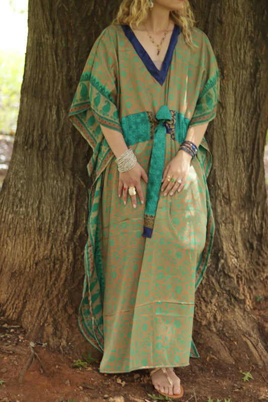 Silk Kaftan in Emerald Tide
