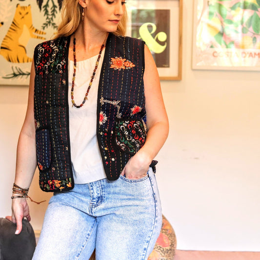 Kantha Waistcoat in Sable - Handmade Jewellery - i am boho