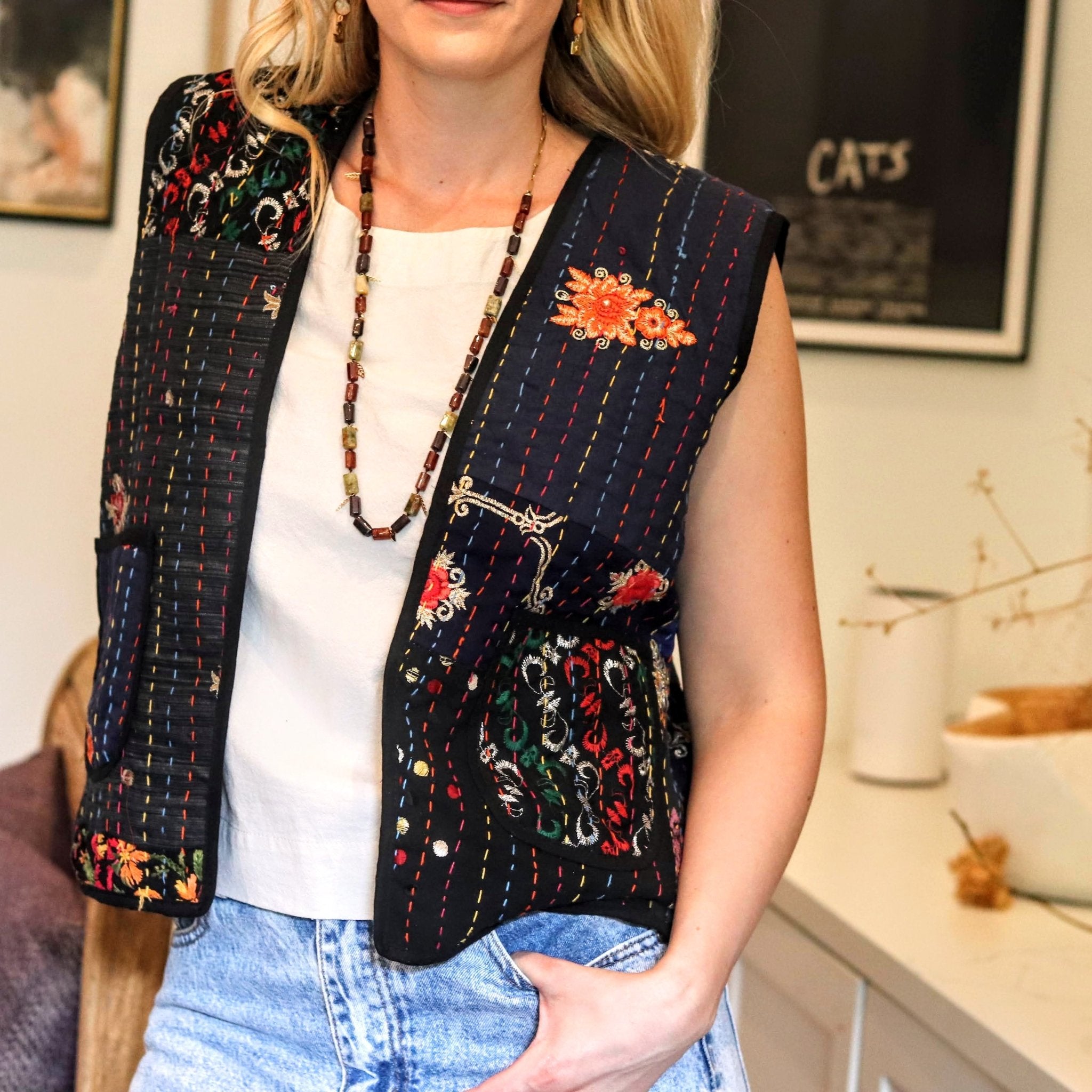 Kantha Waistcoat in Sable - Handmade Jewellery - i am boho