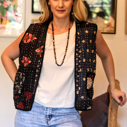 Kantha Waistcoat in Midnight - Handmade Jewellery - i am boho