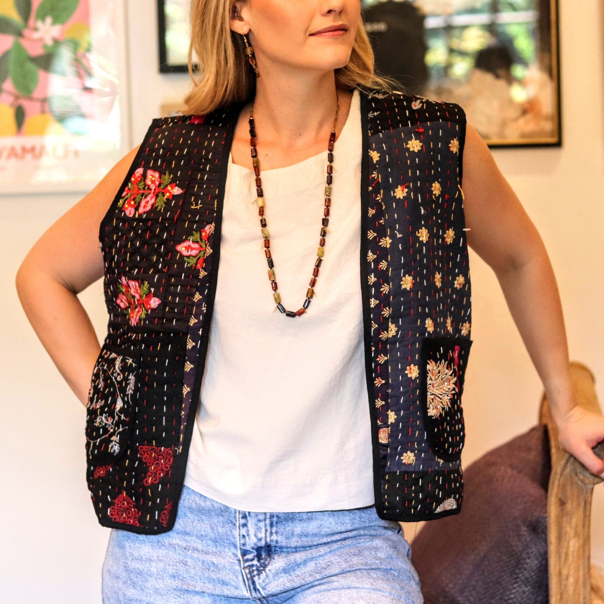 Kantha Waistcoat in Midnight - Handmade Jewellery - i am boho