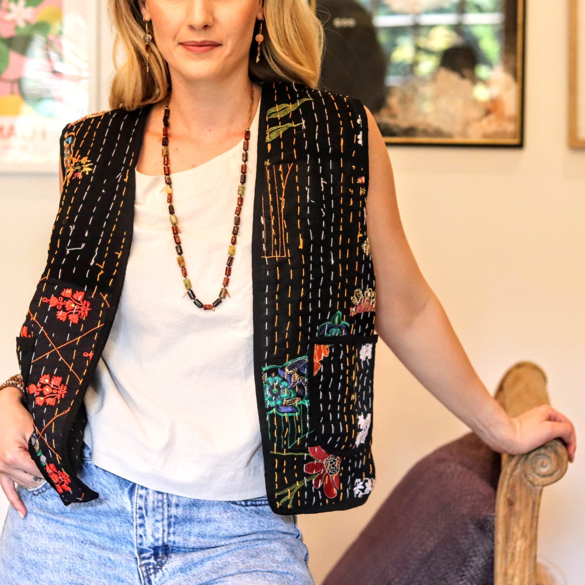 Kantha Waistcoat in Coal - Handmade Jewellery - i am boho
