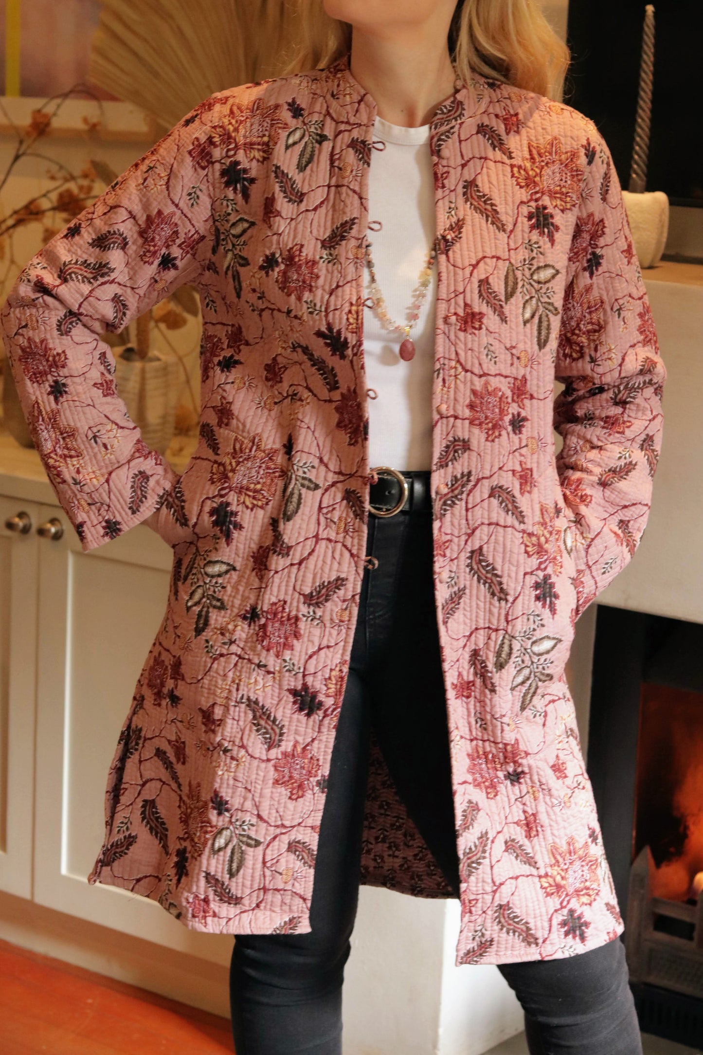 Long Quilted Coat Dusty Mauve Botanical
