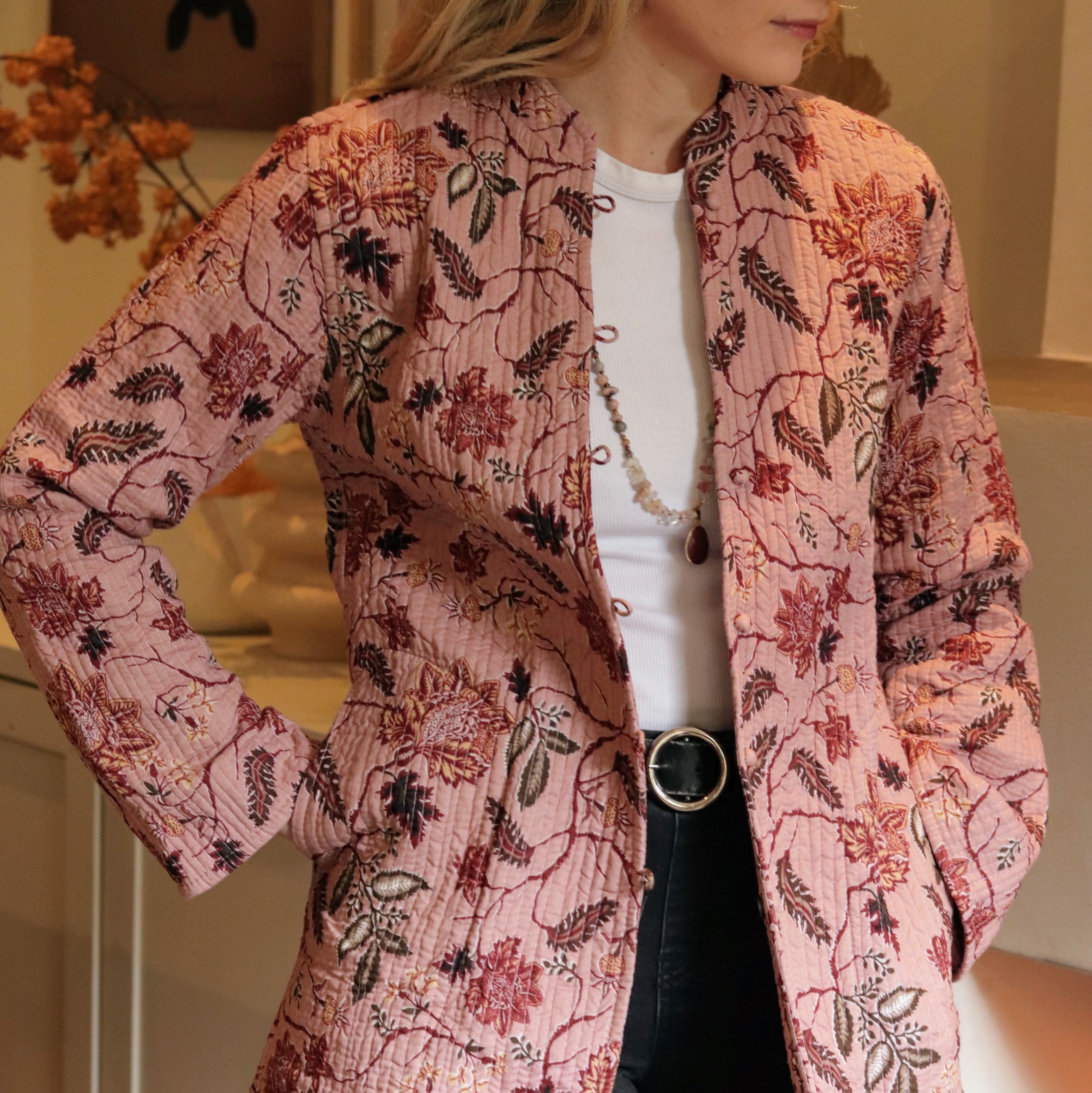 Long Quilted Coat Dusty Mauve Botanical
