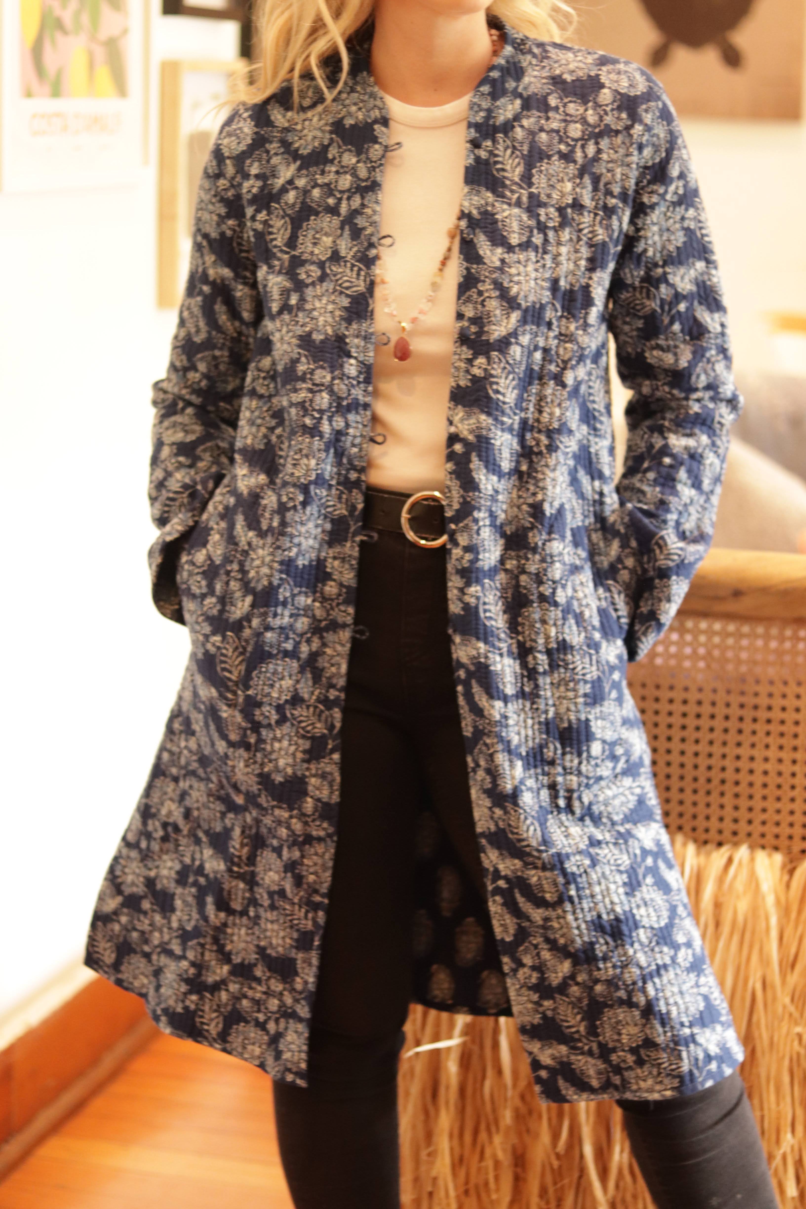 Long Quilted Coat in Indigo Botanical