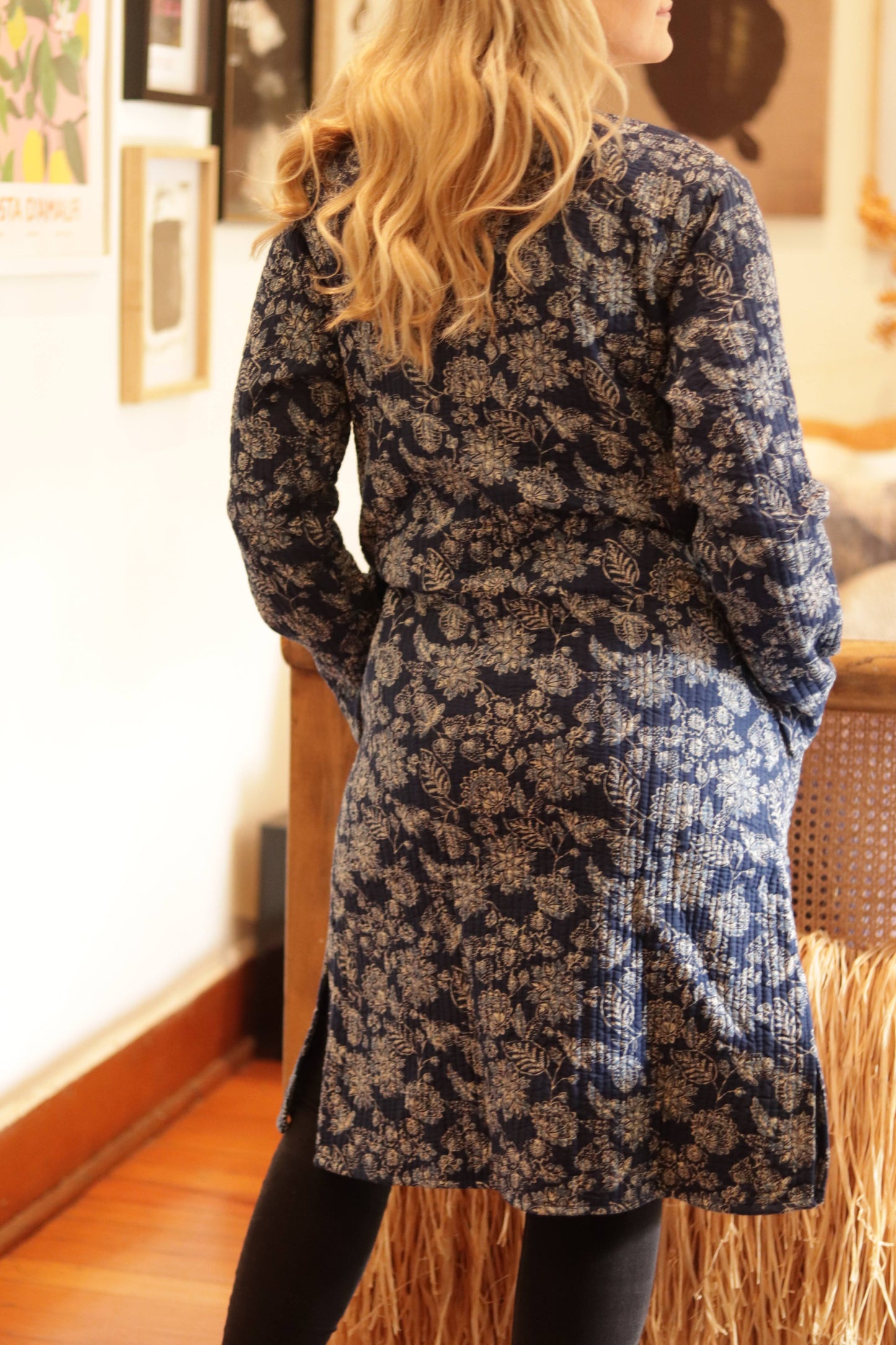 Long Quilted Coat in Indigo Botanical