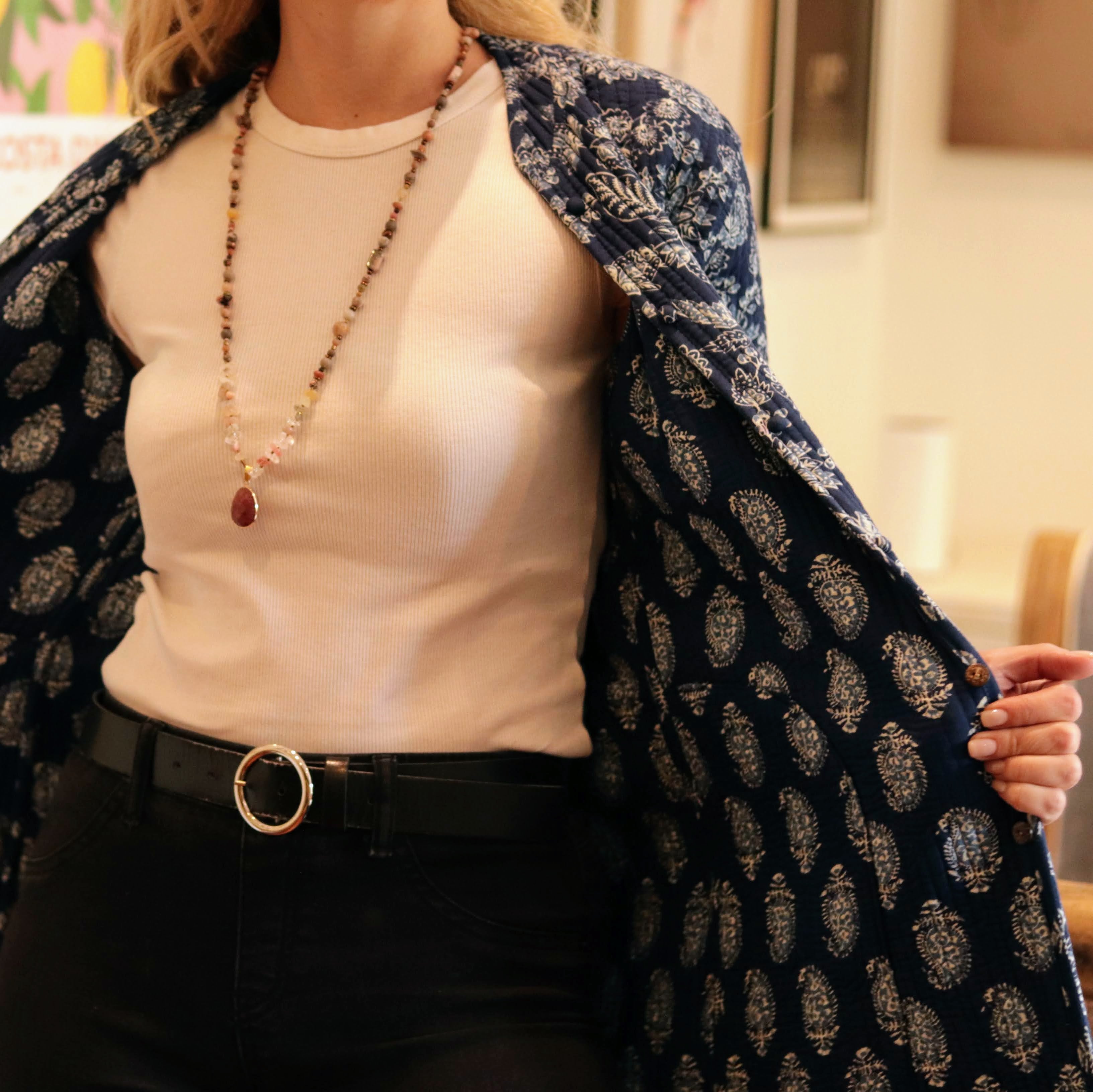 Long Quilted Coat in Indigo Botanical