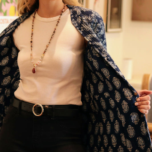 Long Quilted Coat in Indigo Botanical