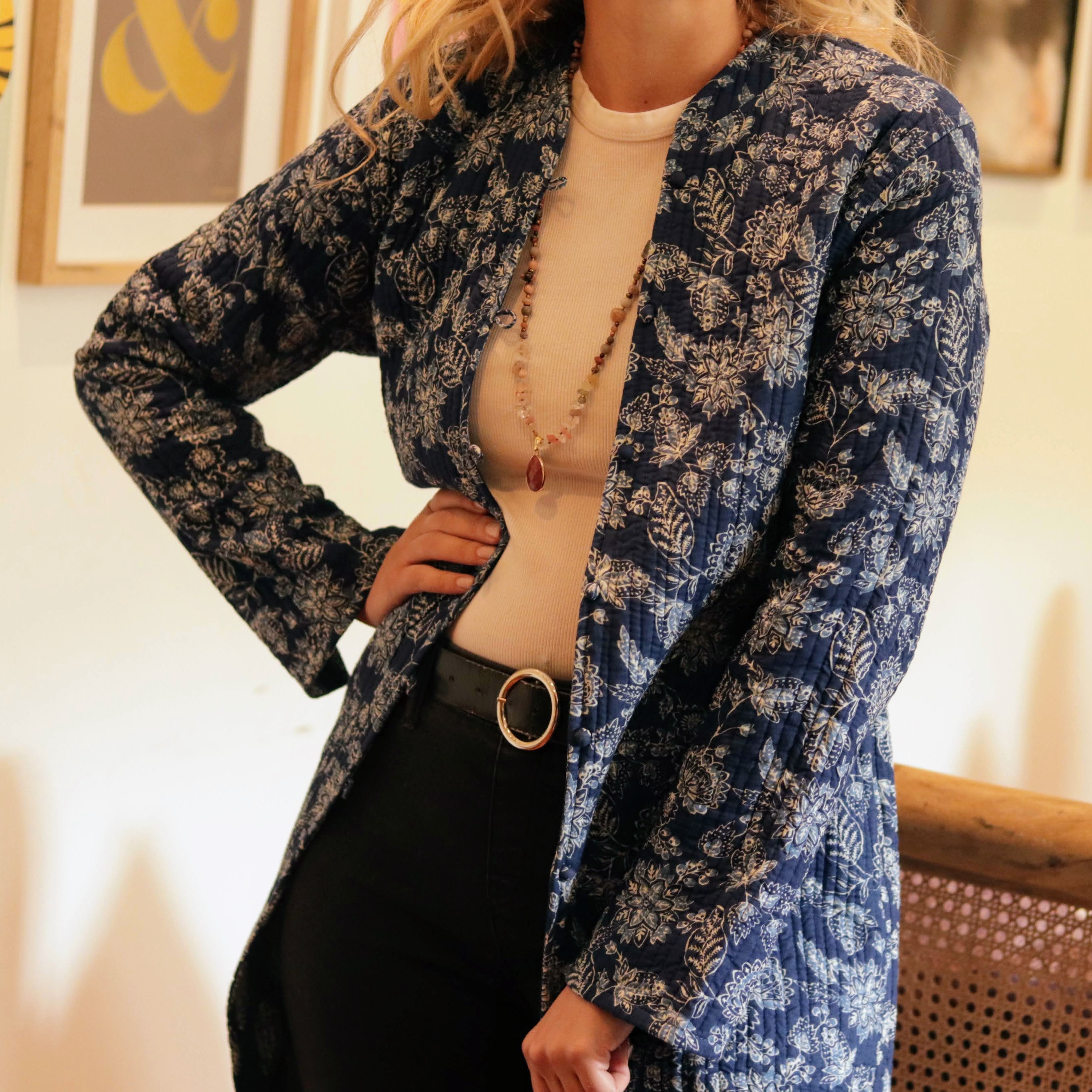 Long Quilted Coat in Indigo Botanical