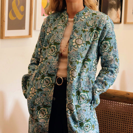 Long Quilted Coat in Sky Floral