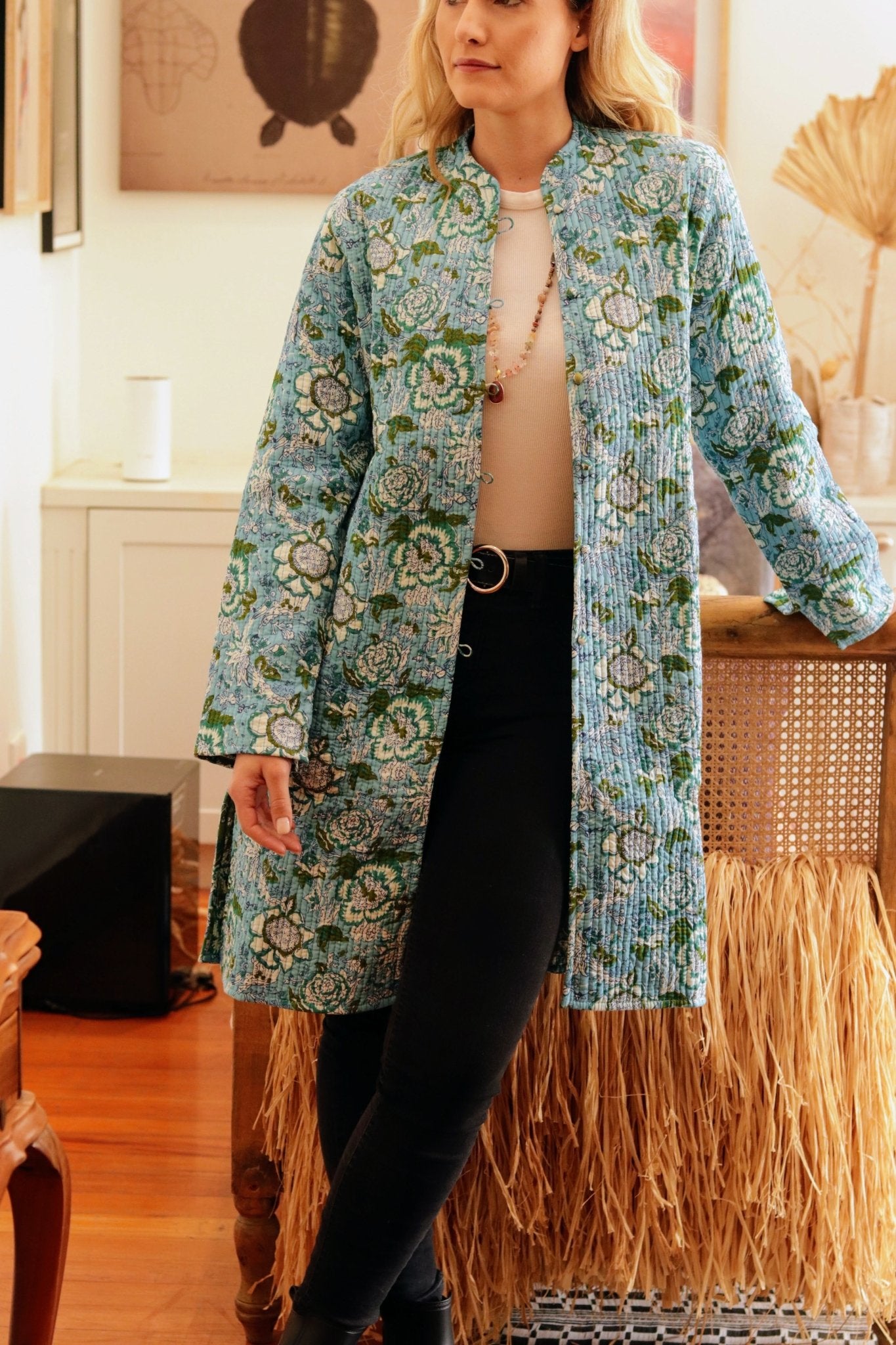 Reversible Quilted Coat in Sky Floral - Handmade Jewellery - i am boho