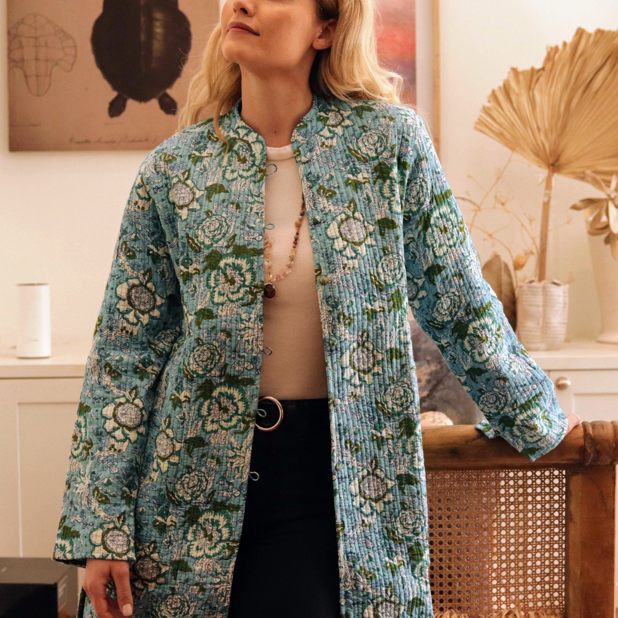 Reversible Quilted Coat in Sky Floral - Handmade Jewellery - i am boho