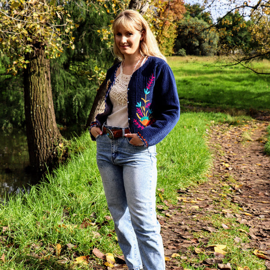 Velvet Embroidered Short Jacket in Navy Blossom