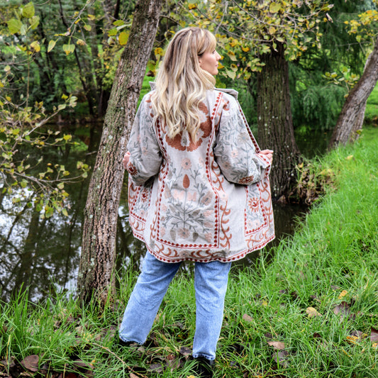 Velvet Embroidered Coat in Ivory