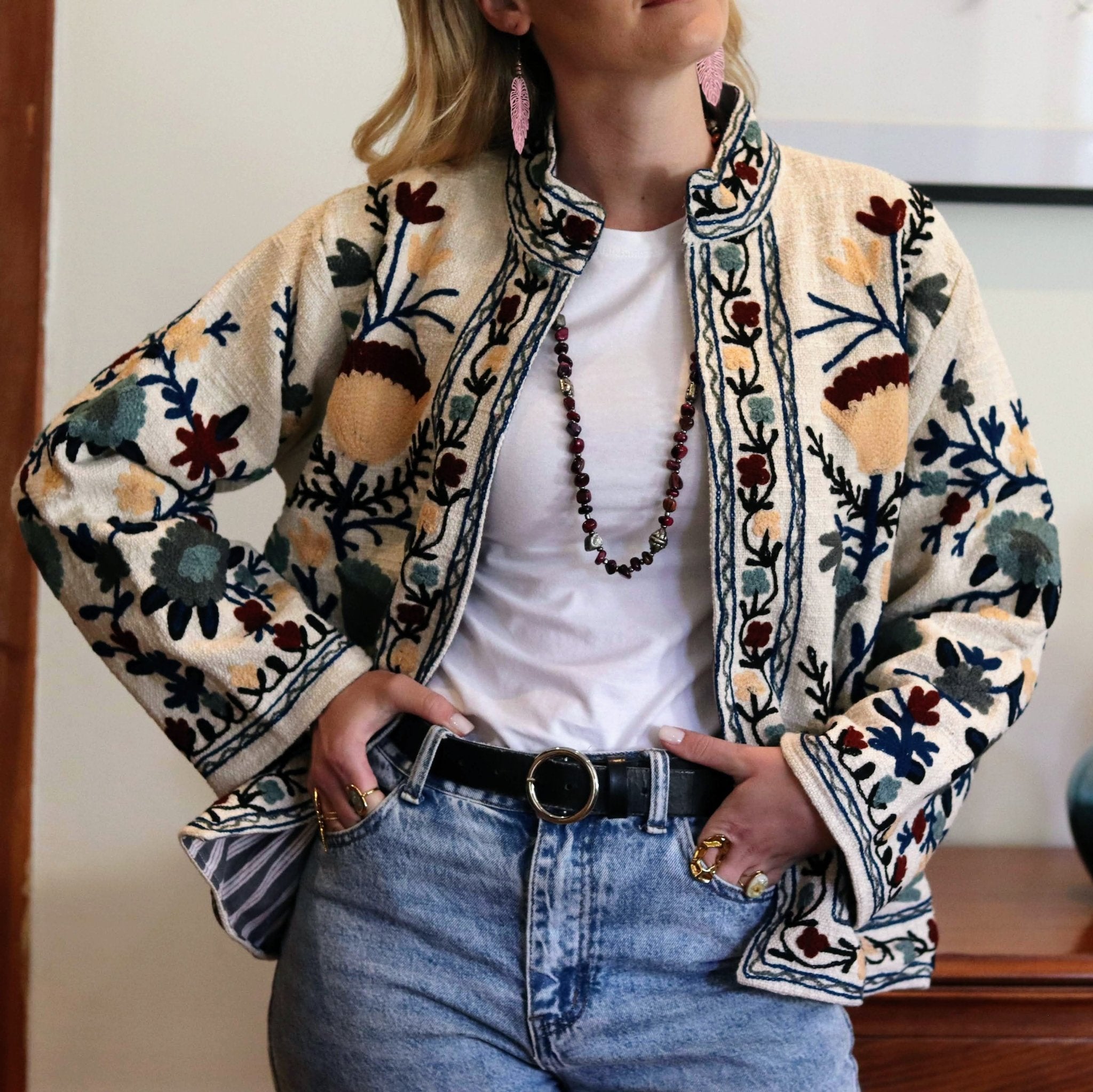 Cotton Suzani Jacket In Cool Ice