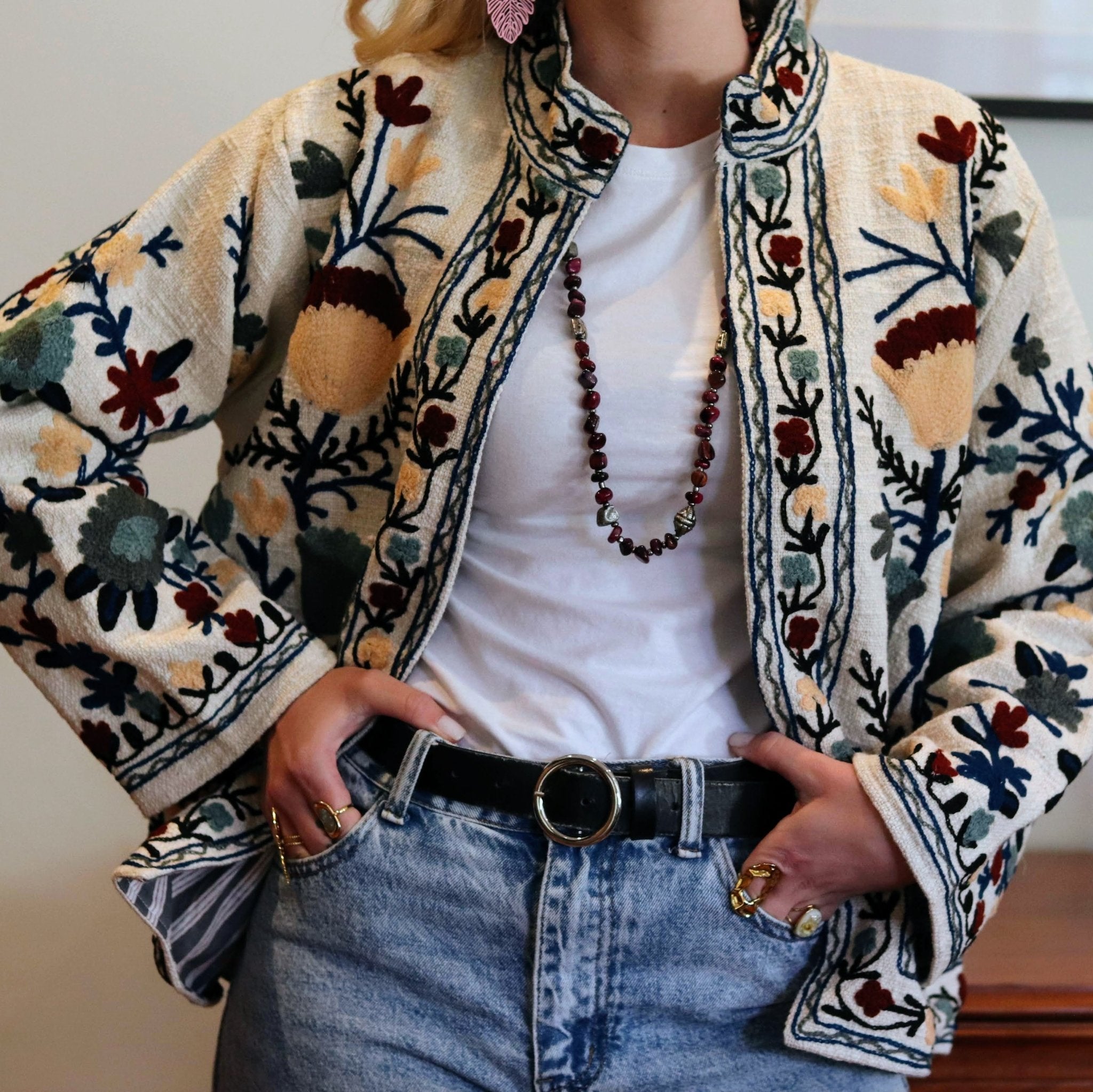 Cotton Suzani Jacket In Cool Ice