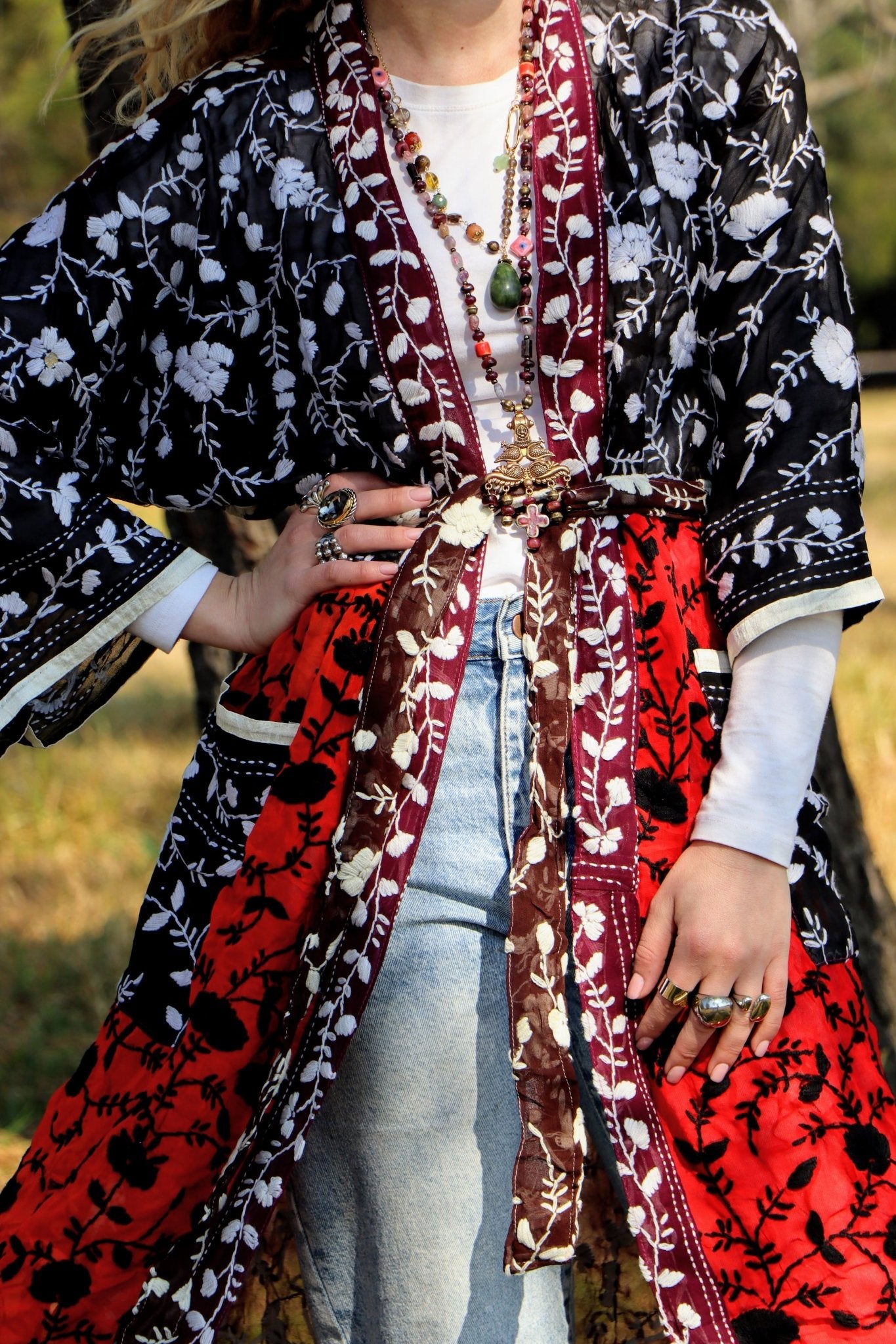 Phulkari Kimono in Scarlet & Shadow