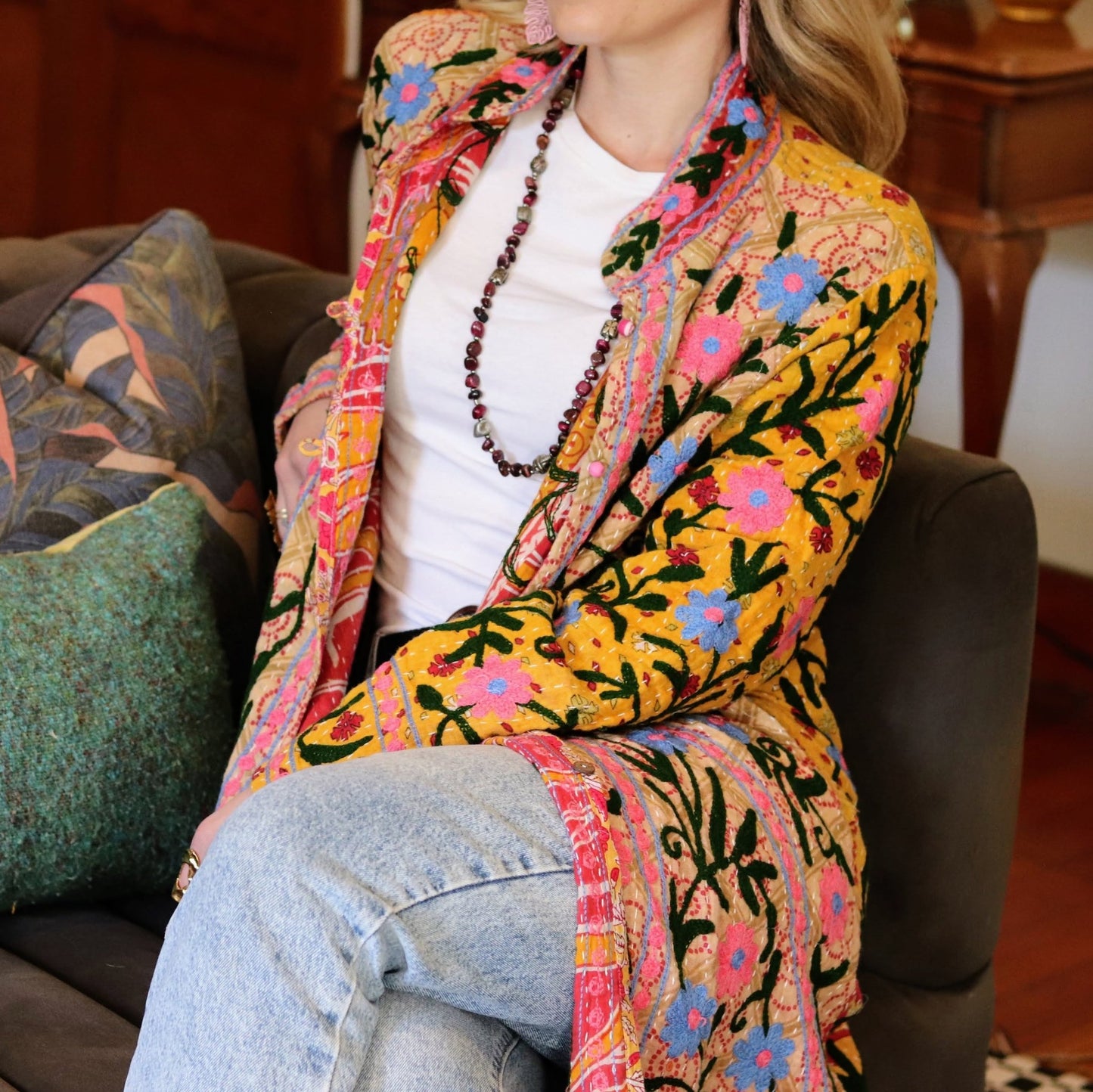Embroidered Kantha Jacket In Blush & Sky Daisy