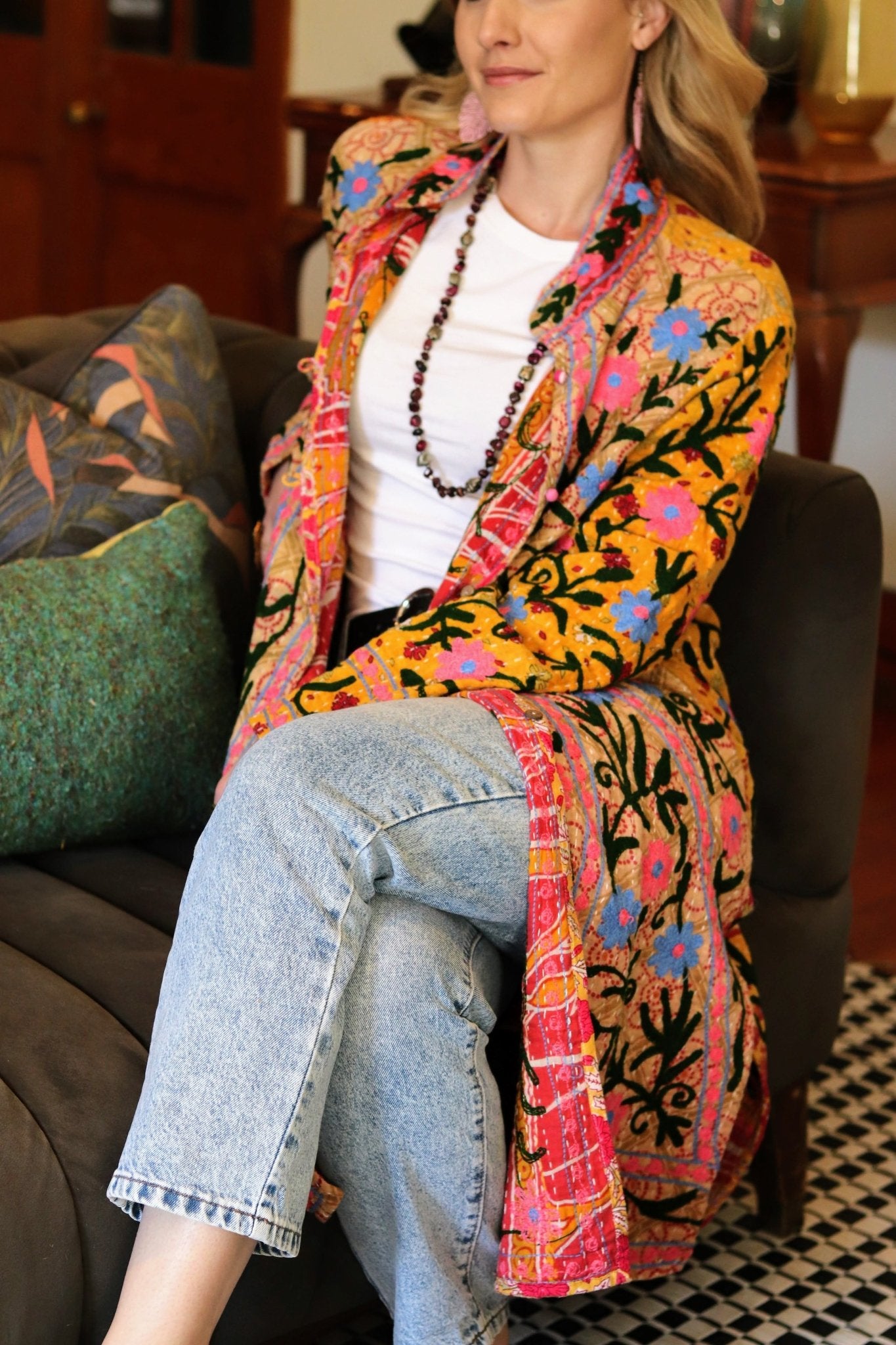 Embroidered Kantha Jacket In Blush & Sky Daisy