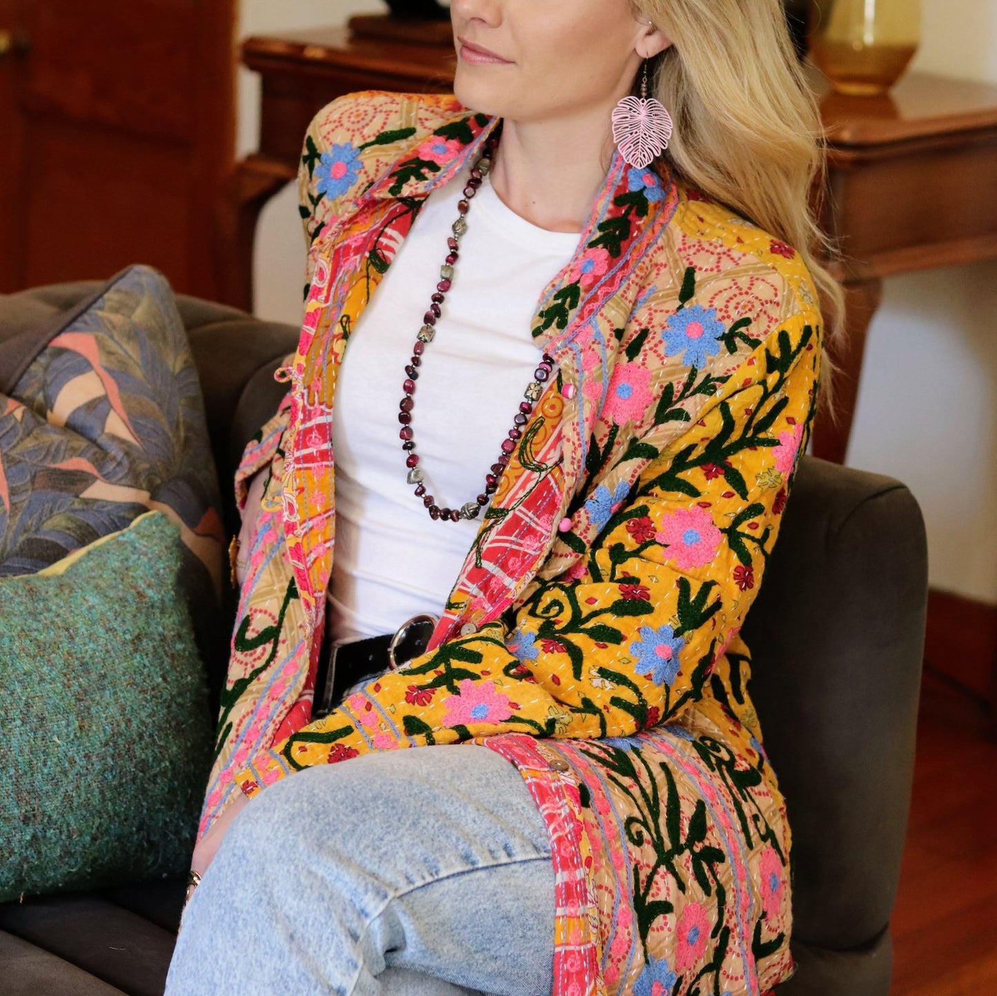 Embroidered Kantha Jacket In Blush & Sky Daisy