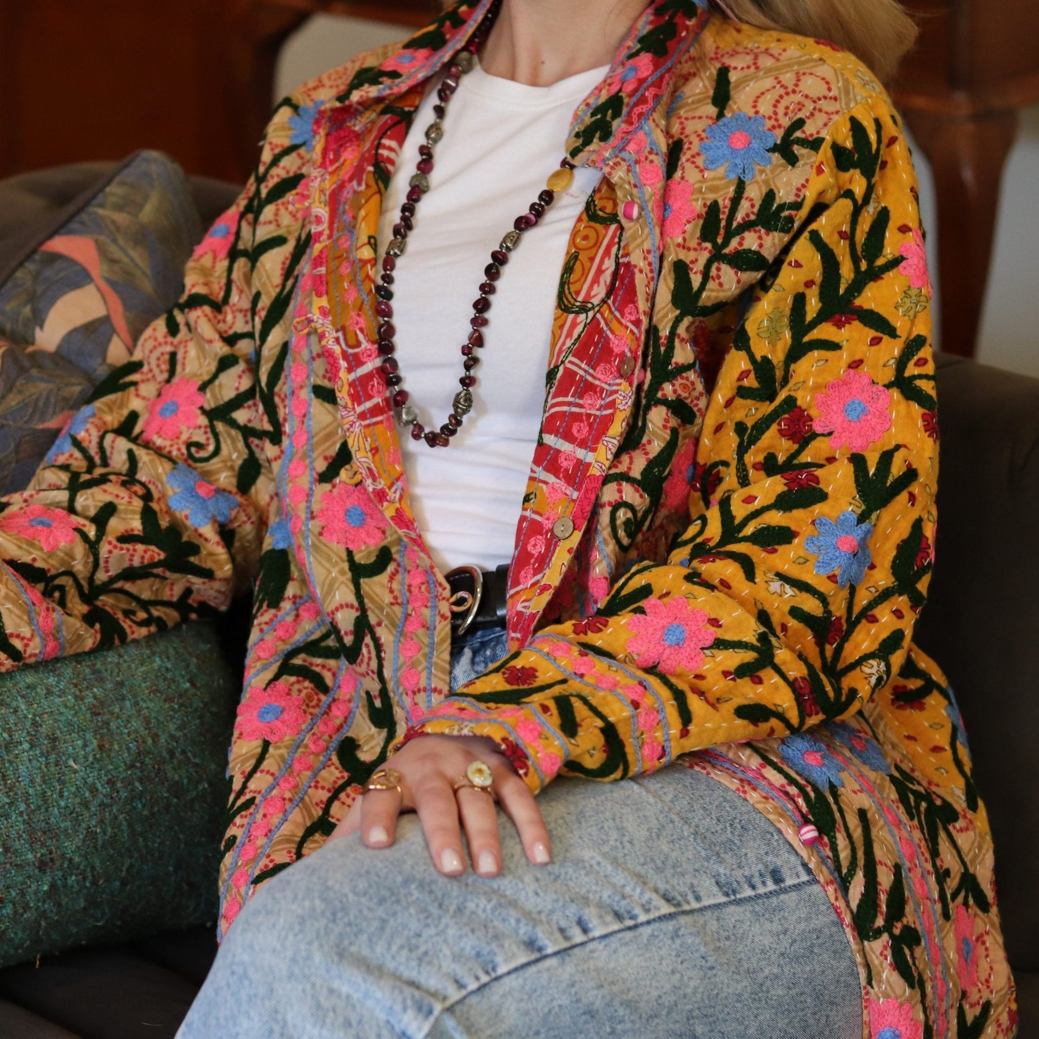 Embroidered Kantha Jacket In Blush & Sky Daisy