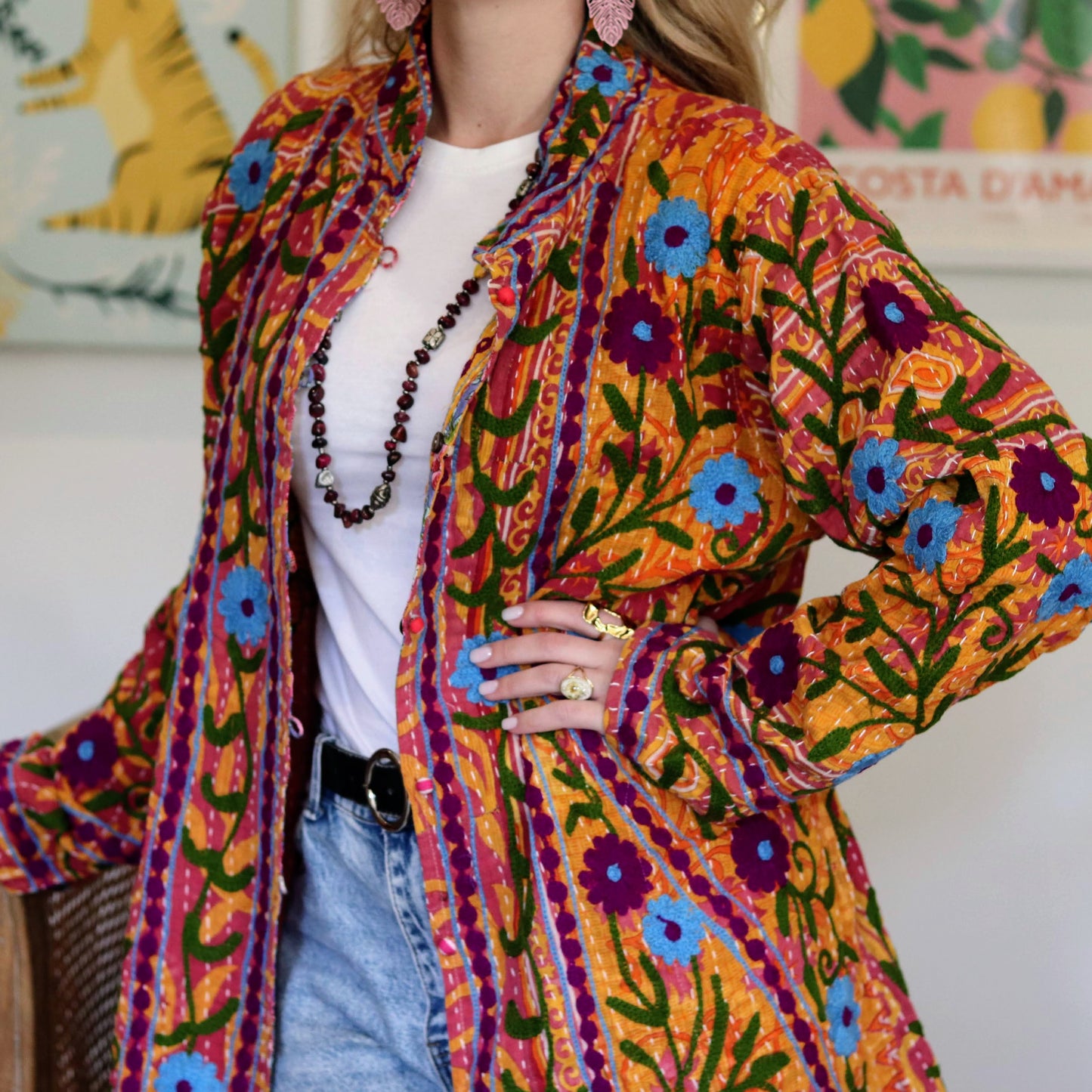 Embroidered Kantha Jacket In Orange Garden