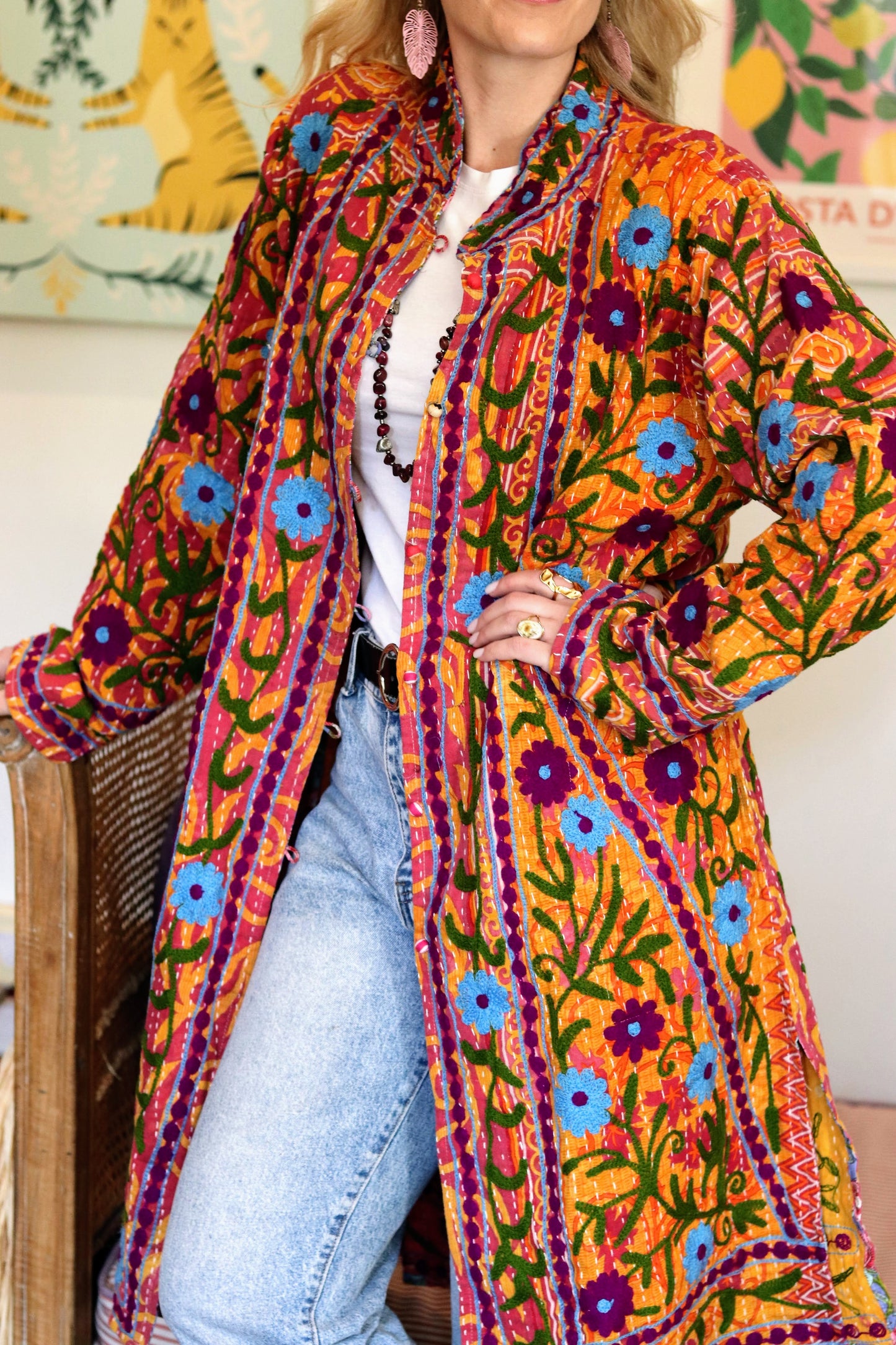 Embroidered Kantha Jacket In Orange Garden